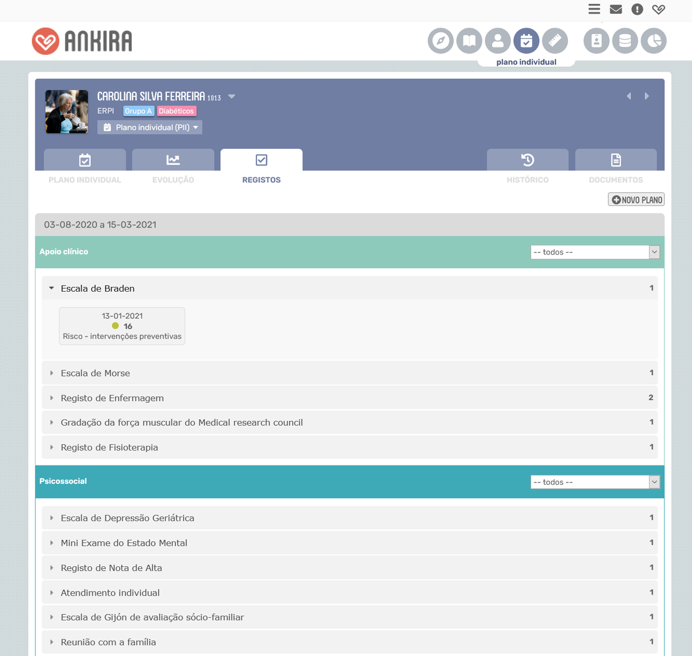 Ecrã da plataforma Ankira com separador Registos do Plano Individual