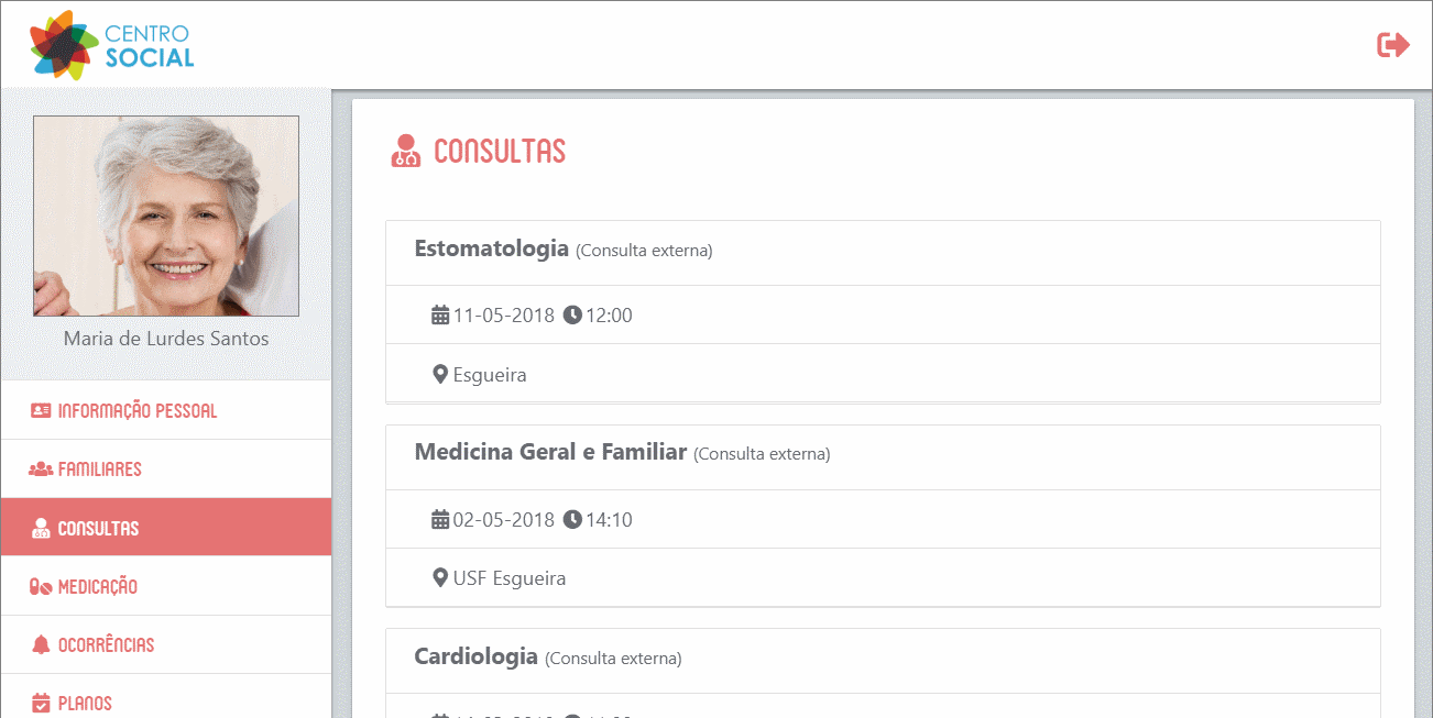 Ecrã do Ankira com lista de consultas referentes a um utente